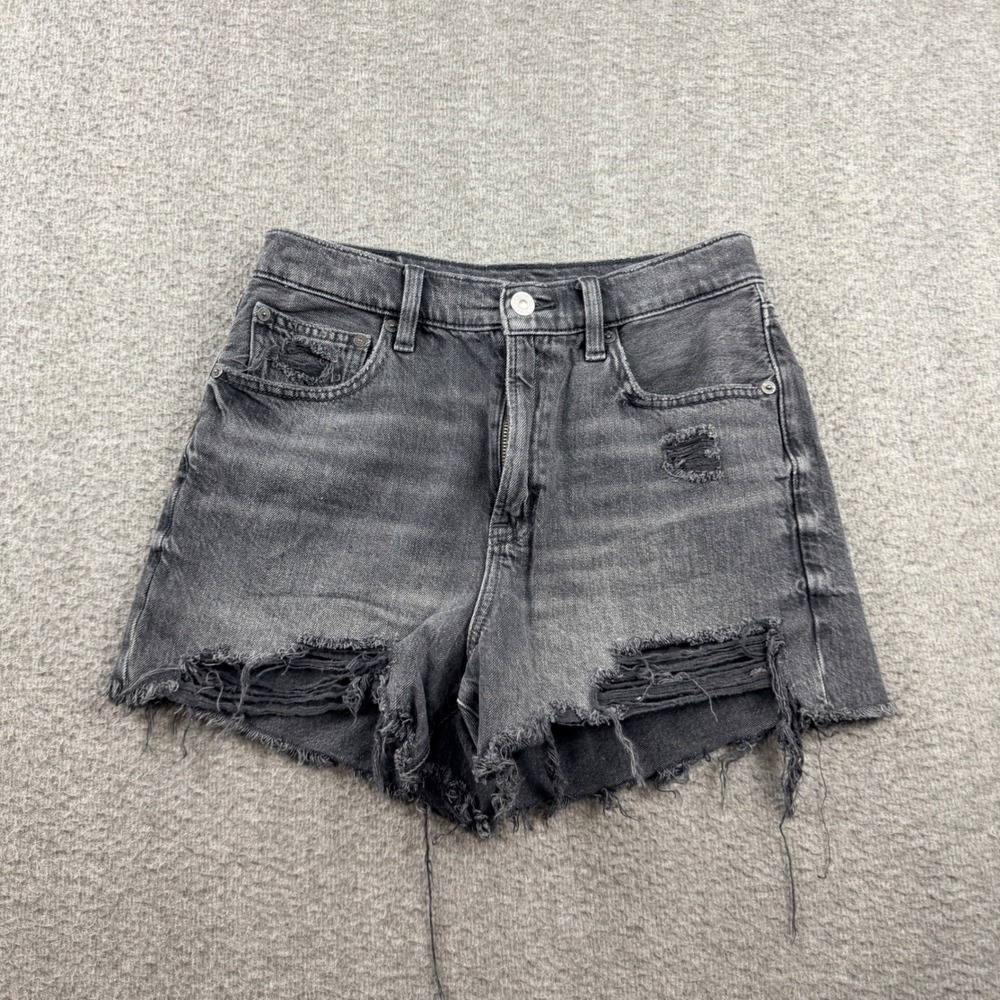 American Eagle Distressed Black Denim Shorts US 2 High Waist Frayed Hem Stretch